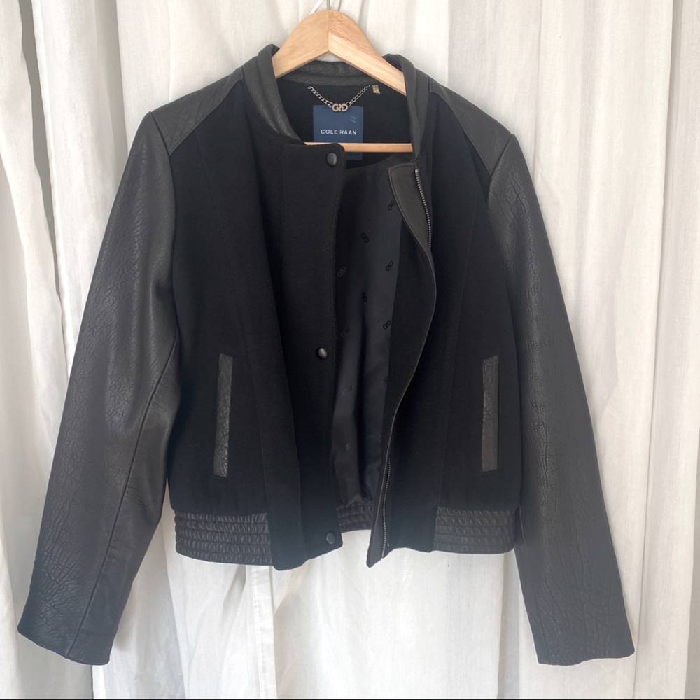 Cole Haan leather wool varsity bomber jacket nwot